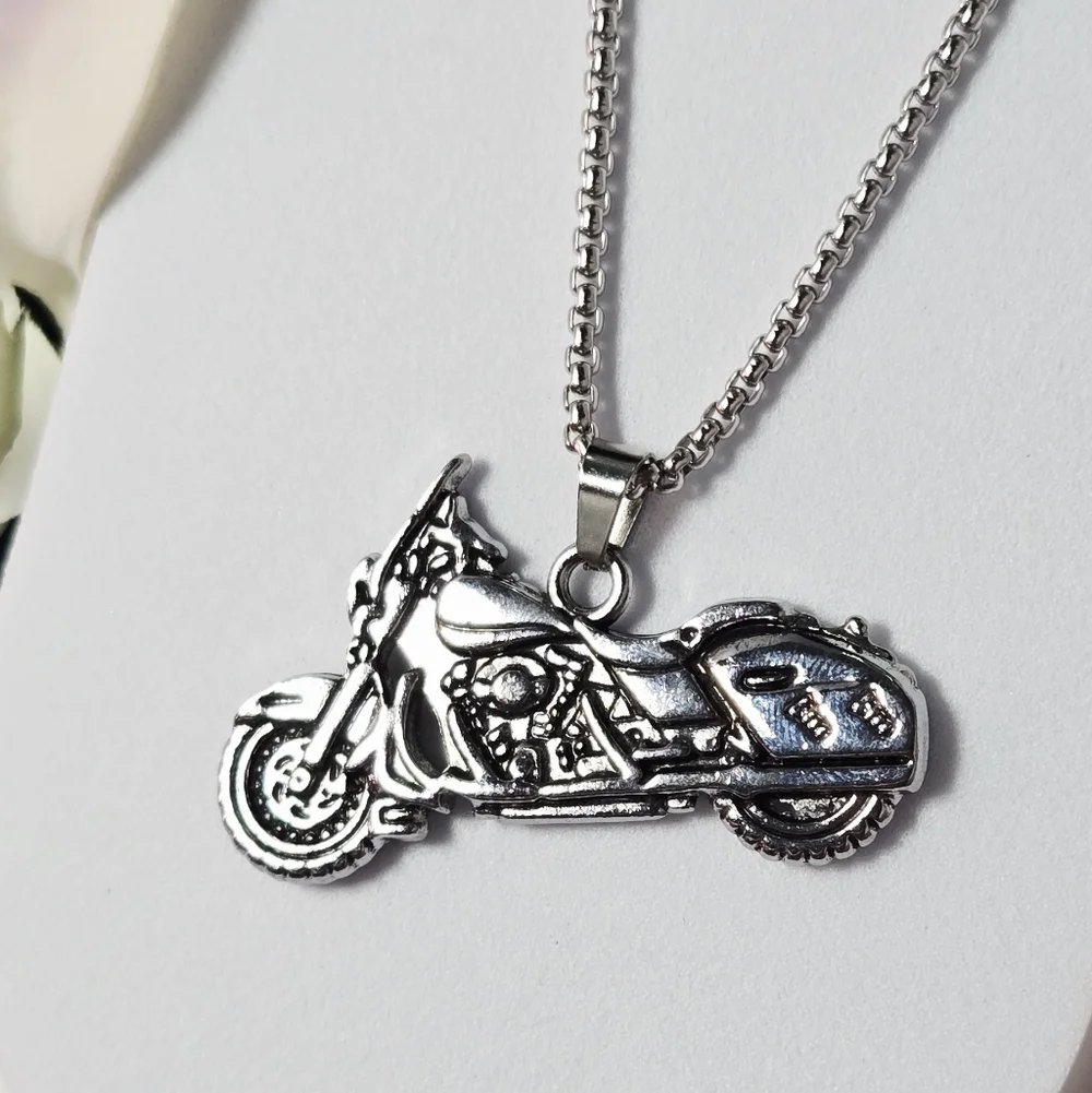 Silver Motorcycle Pendant Necklace 24” Stainless Steel Chain Edgy Biker Gift